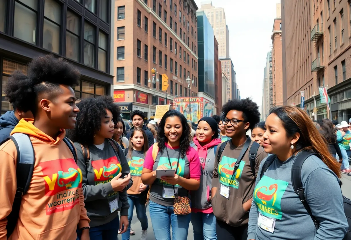 Diverse volunteers canvassing in New York City for a political campaign.