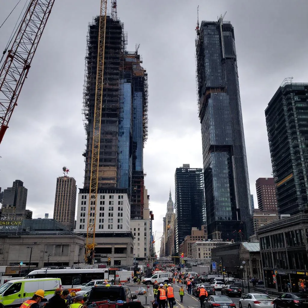 A busy construction site in New York with cranes and workers.
