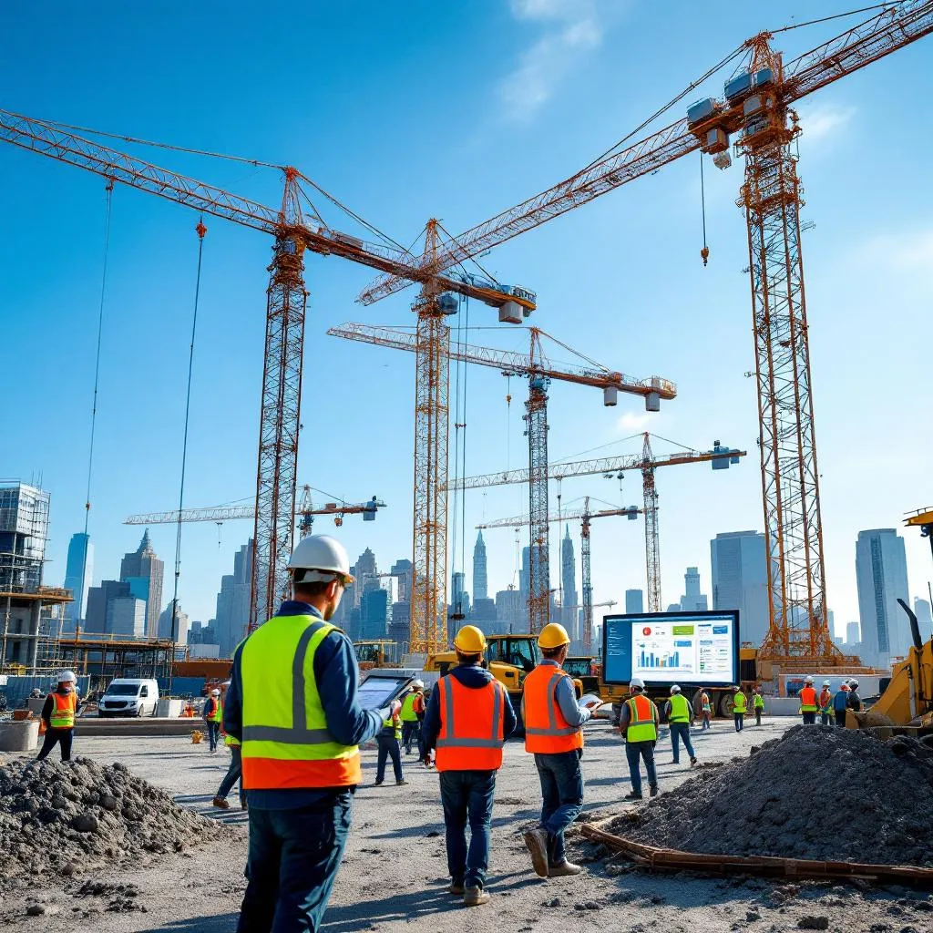 Construction workers using ERP technology on a site in New York.