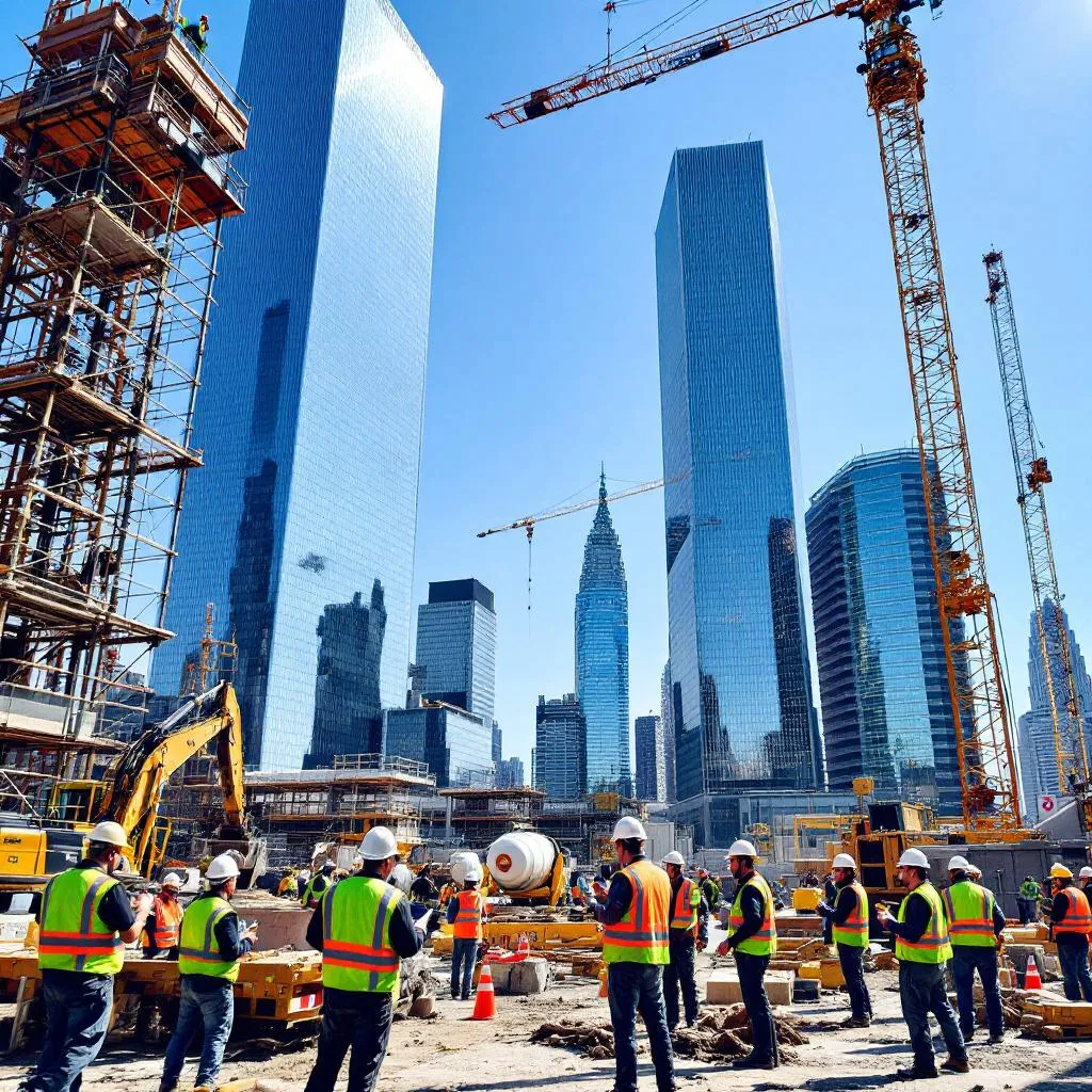 Construction workers using mobile ERP on a New York site