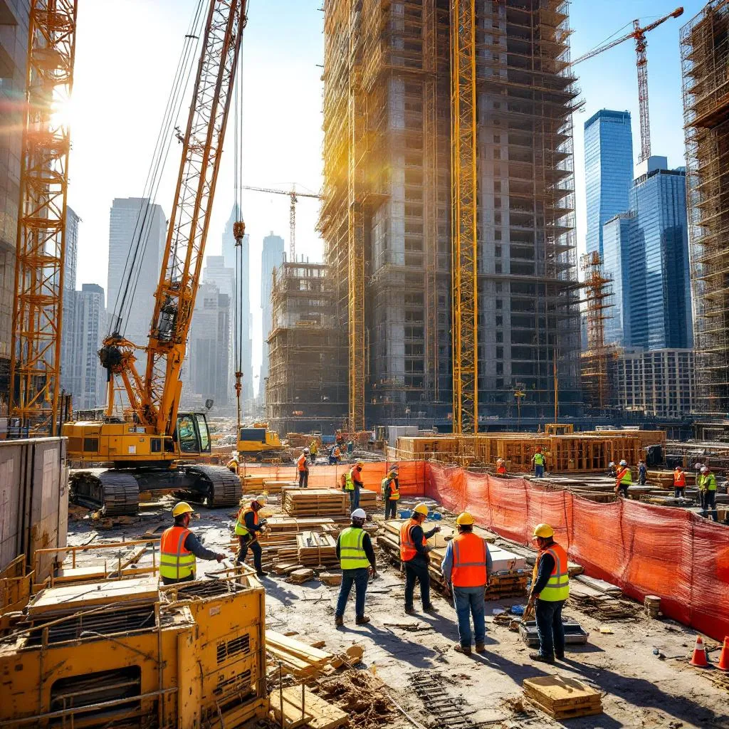 Construction workers and cranes in New York City, showing the use of ERP systems.