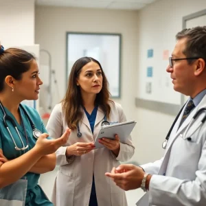 Healthcare professionals discussing the 340B drug discount program reform in a hospital setting.