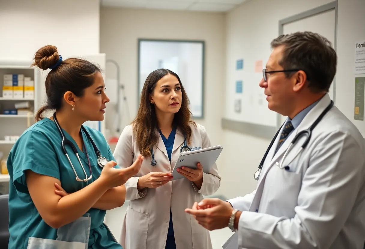 Healthcare professionals discussing the 340B drug discount program reform in a hospital setting.