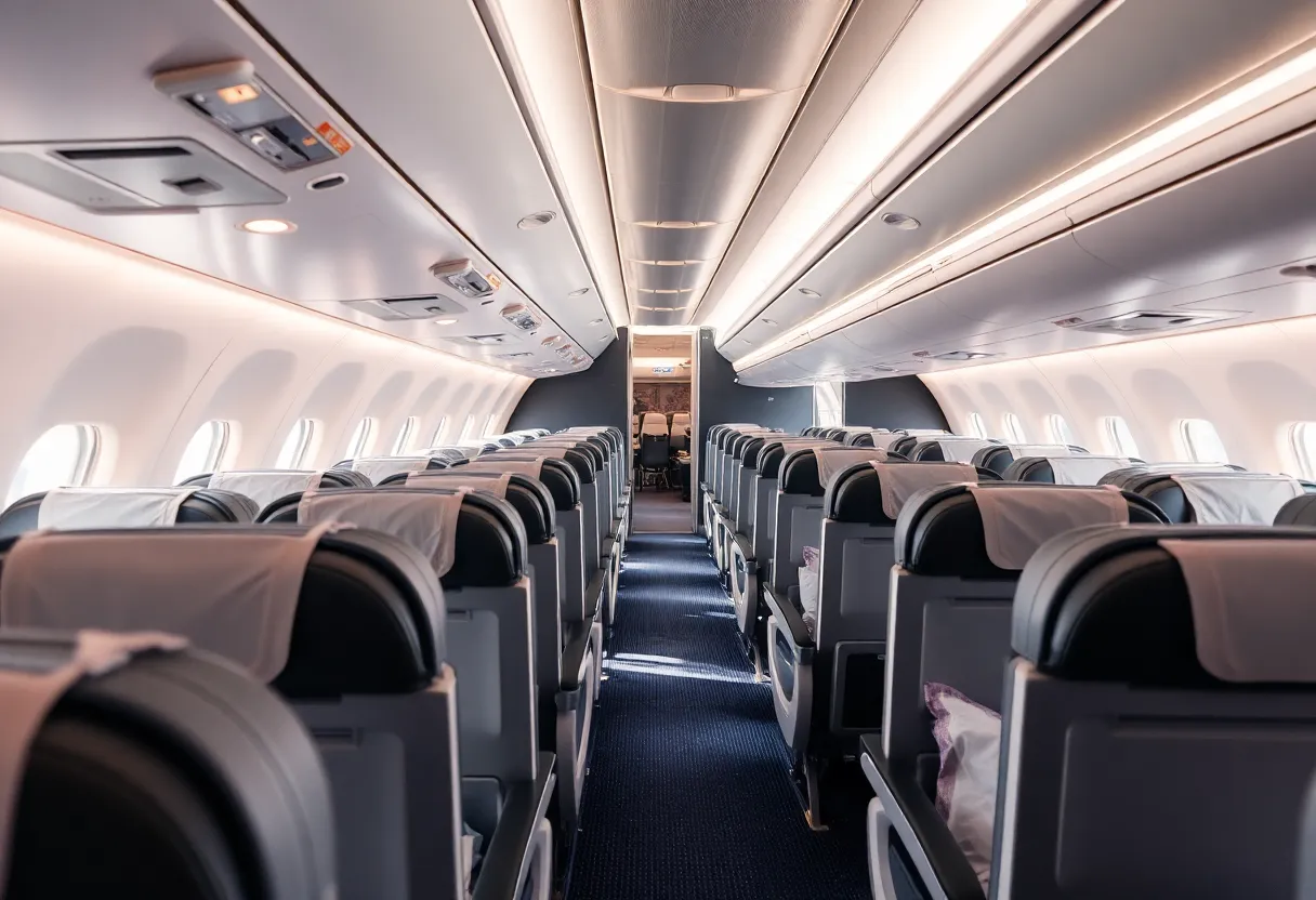 Luxurious airline cabin highlighting safety features and comfort.