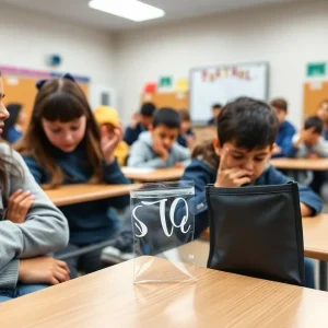 Students placing phones in lockable pouches at school