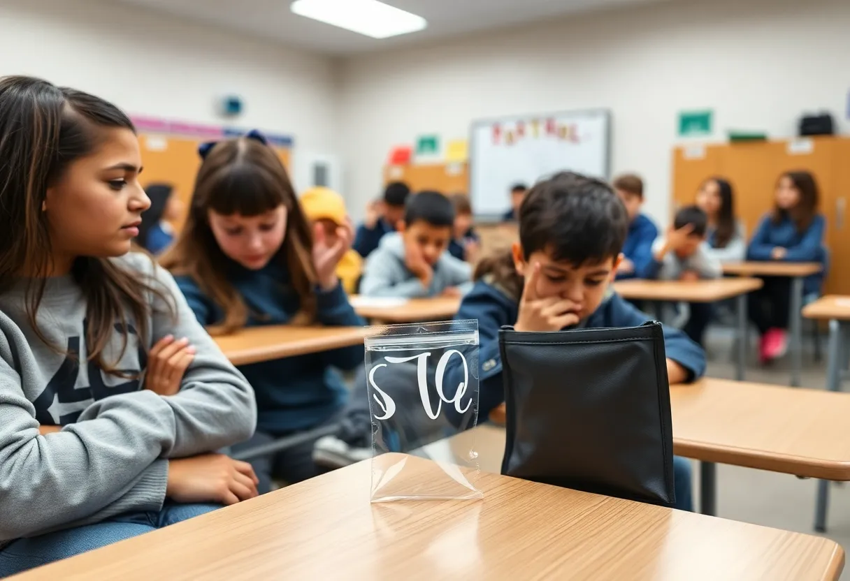 Students placing phones in lockable pouches at school