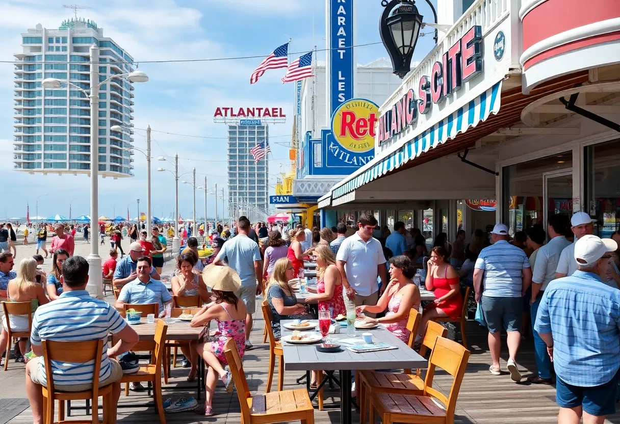 Outdoor dining scene in Atlantic City with beach in the background
