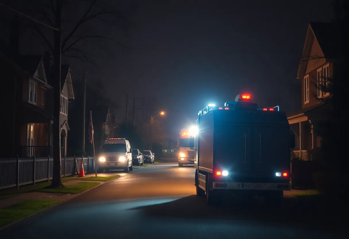 Construction activity at night in a residential area