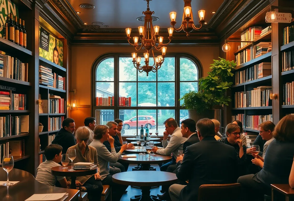 Interior of Bibliotheque wine-bar-bookstore café with customers enjoying drinks and browsing books