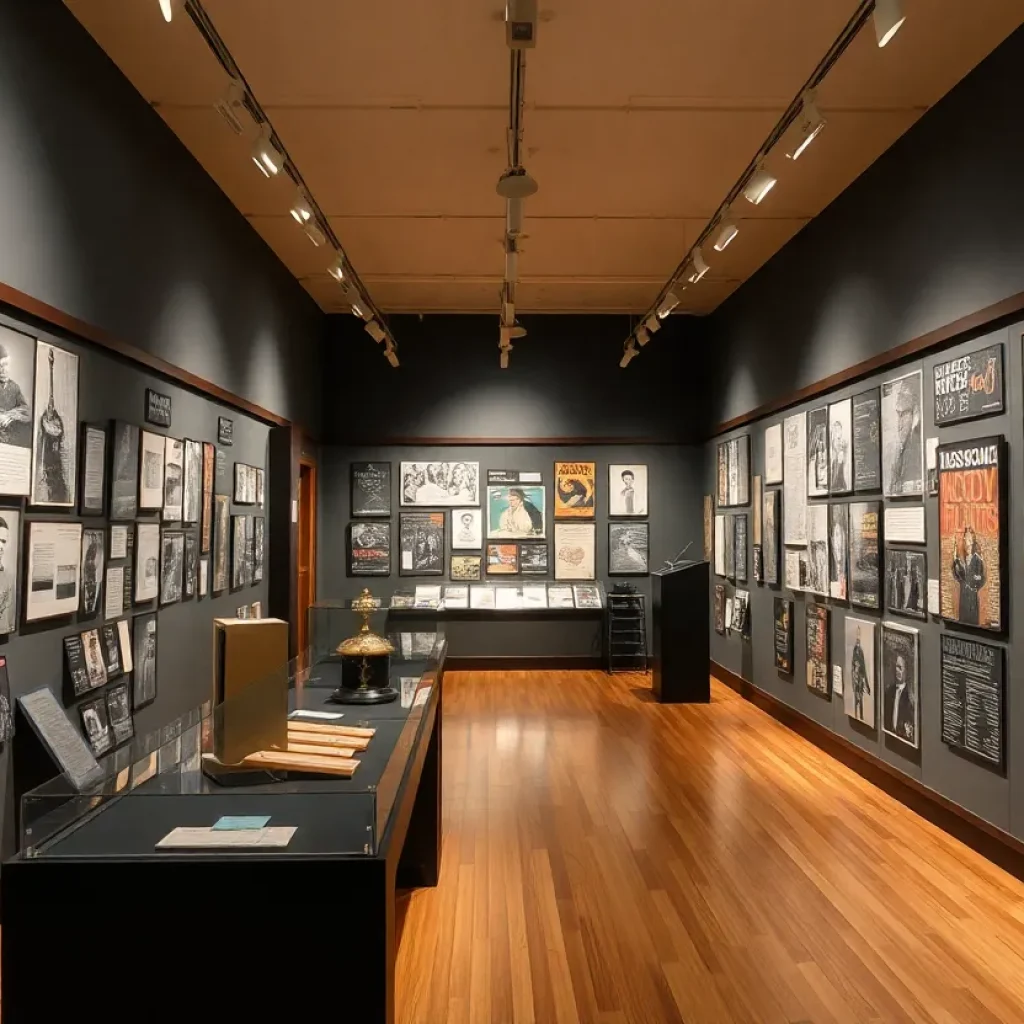Exhibition space filled with archival materials of Bob Dylan's career