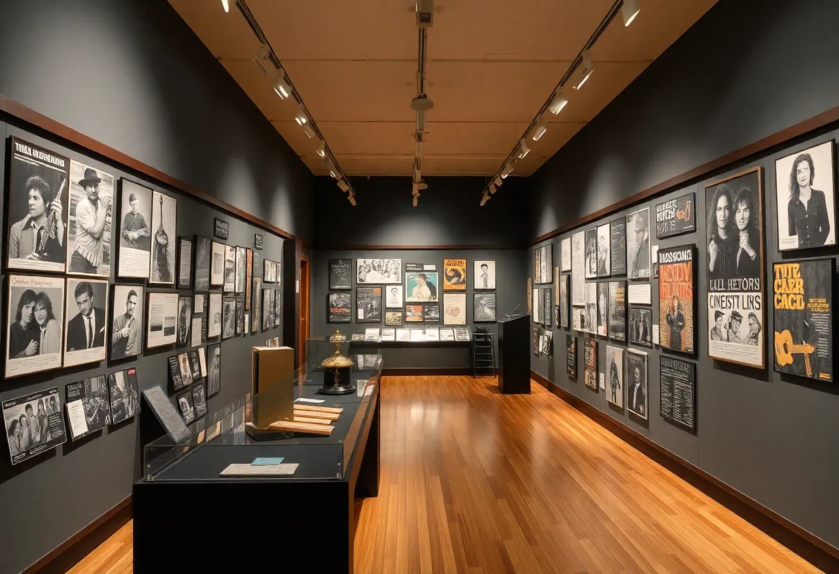Exhibition space filled with archival materials of Bob Dylan's career