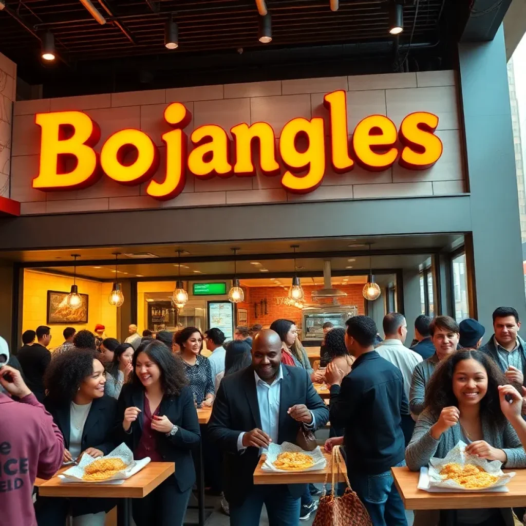 Bojangles restaurant opening in New York City with customers enjoying Southern food.