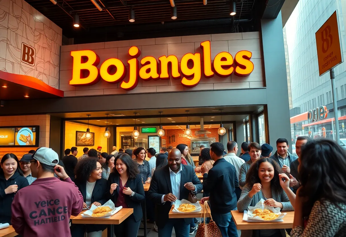 Bojangles restaurant opening in New York City with customers enjoying Southern food.