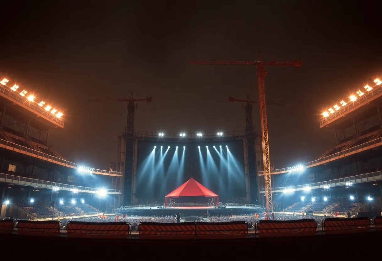 Construction site of Brooklyn Mirage showing barriers and cranes