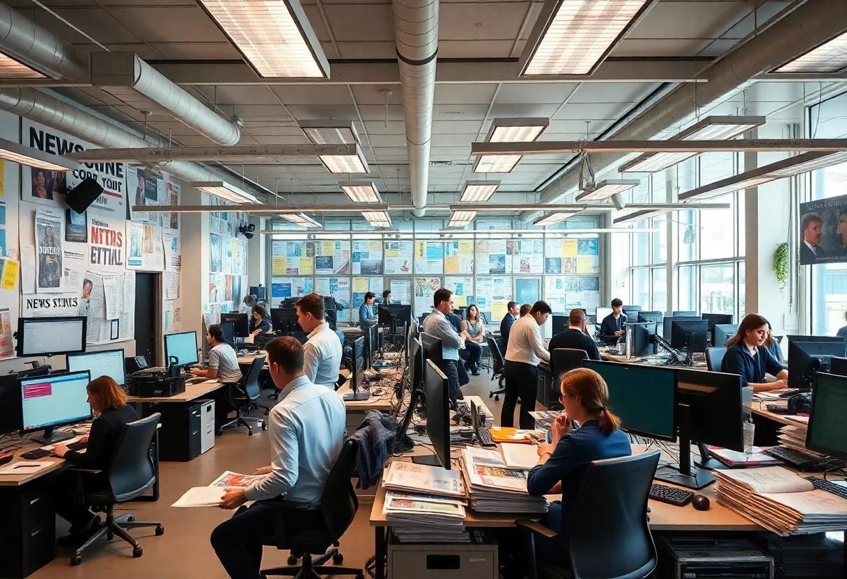 Journalists working in a lively newspaper office in Los Angeles.