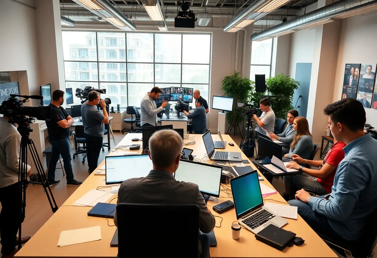 Journalists working in a modern California newsroom
