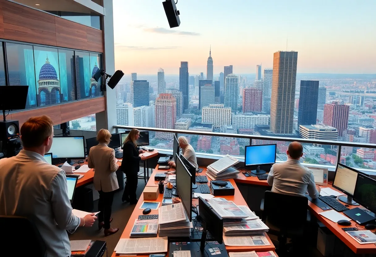 A busy newsroom in Los Angeles highlighting the launch of the California Post