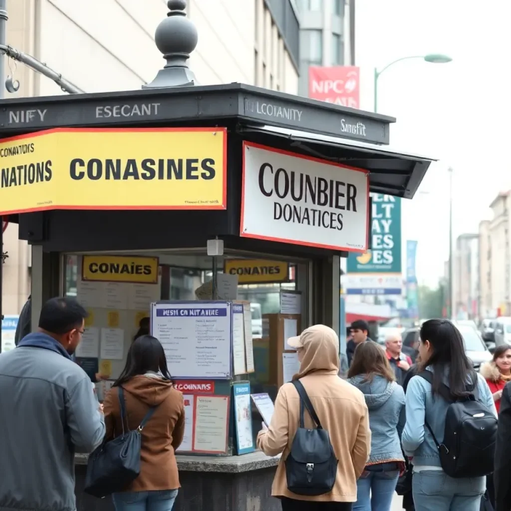 A donation booth with people discussing donations in an urban setting.