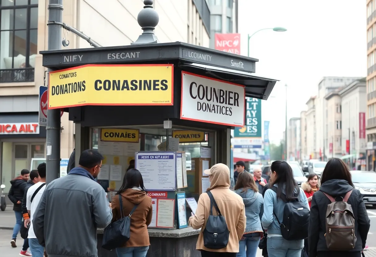 A donation booth with people discussing donations in an urban setting.