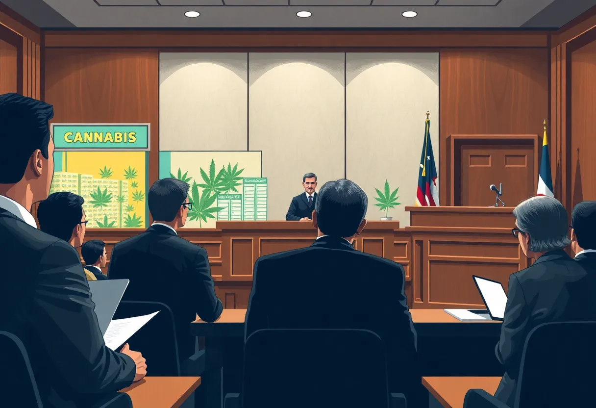 Courtroom scene representing cannabis dispensaries lawsuit