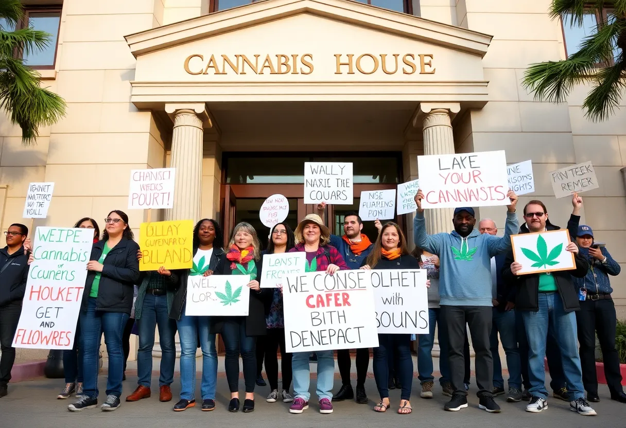 Activist cannabis dispensary owners outside a courthouse