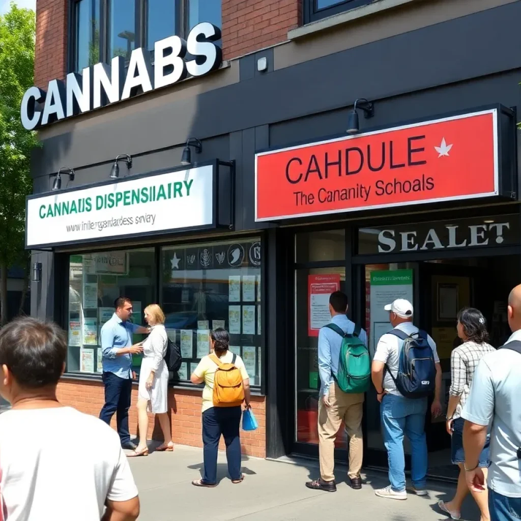An urban cannabis dispensary in New York City with people outside and a school in the background.