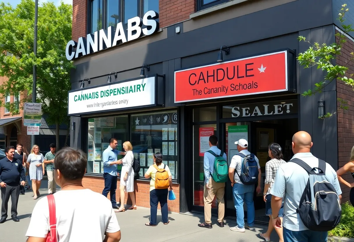 An urban cannabis dispensary in New York City with people outside and a school in the background.