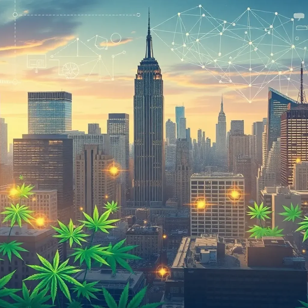 Illustrative image of cannabis plants and technology integration in New York City.