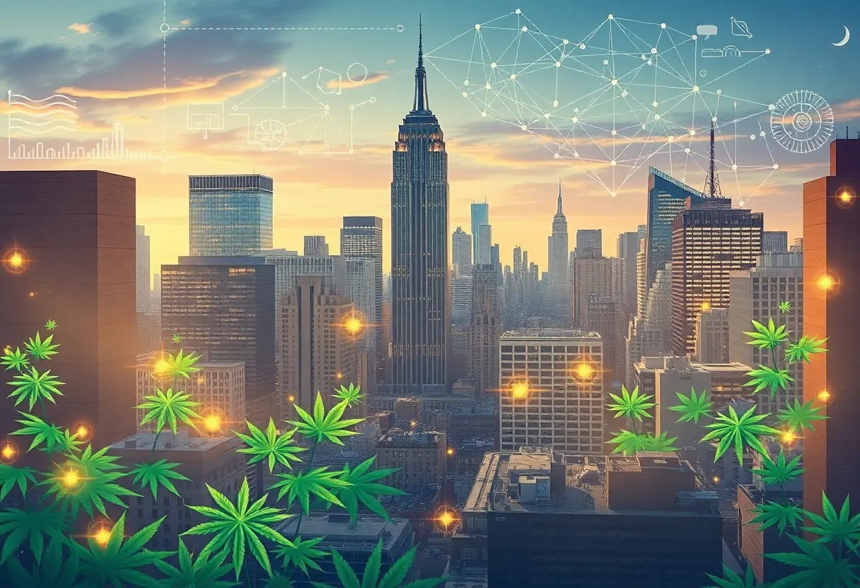 Illustrative image of cannabis plants and technology integration in New York City.