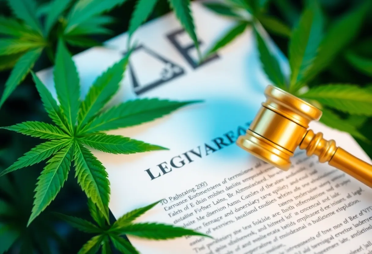 Legal document and cannabis leaves representing a lawsuit