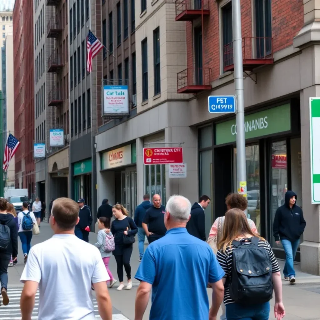 Street view of cannabis retailers in New York City with schools in the background.