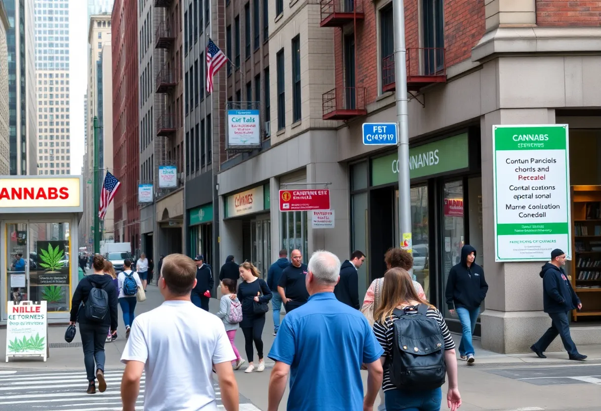 Street view of cannabis retailers in New York City with schools in the background.