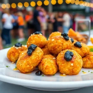 A plate of caviar-topped chicken nuggets at an outdoor food event.
