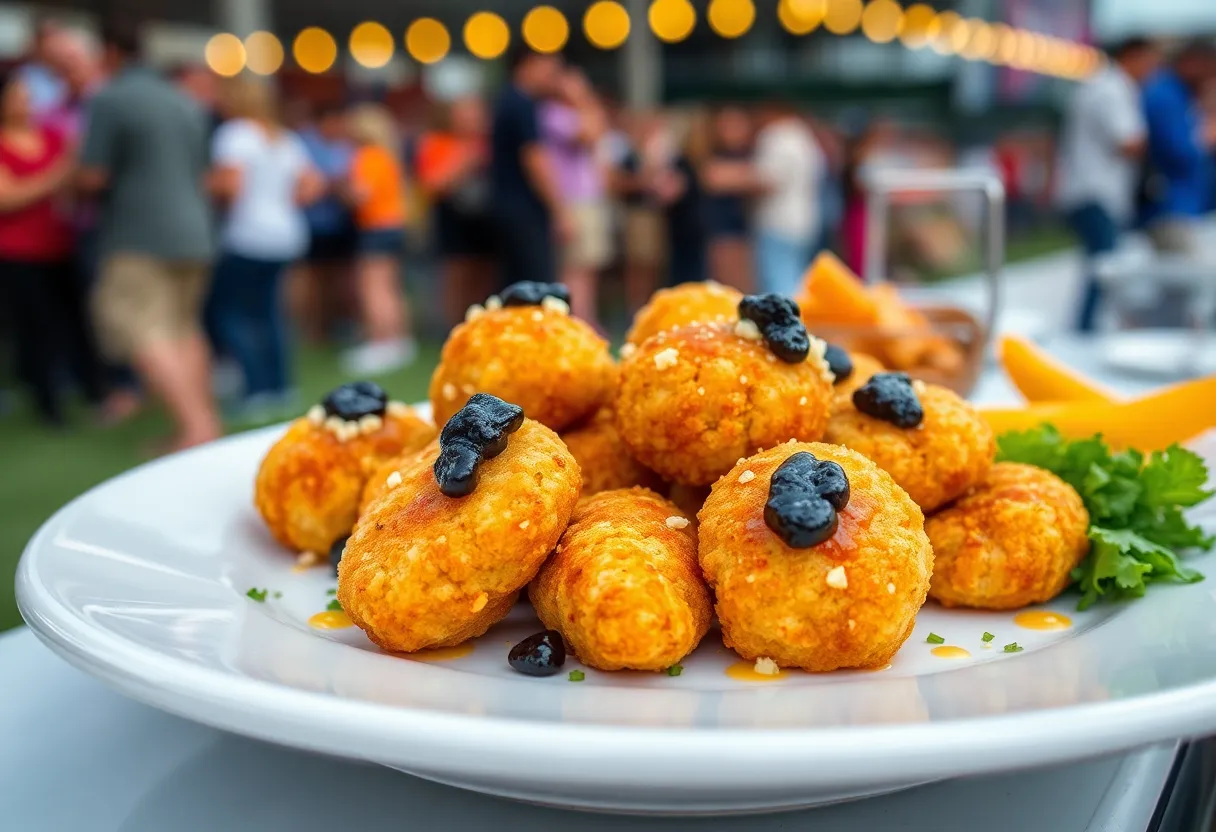 A plate of caviar-topped chicken nuggets at an outdoor food event.
