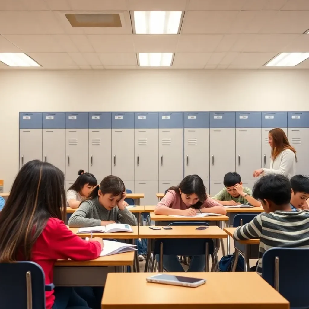 Classroom scene showing students studying without smartphones