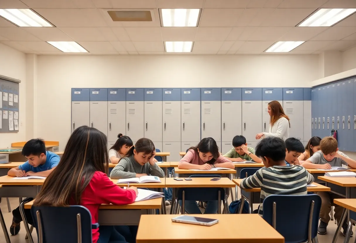 Classroom scene showing students studying without smartphones