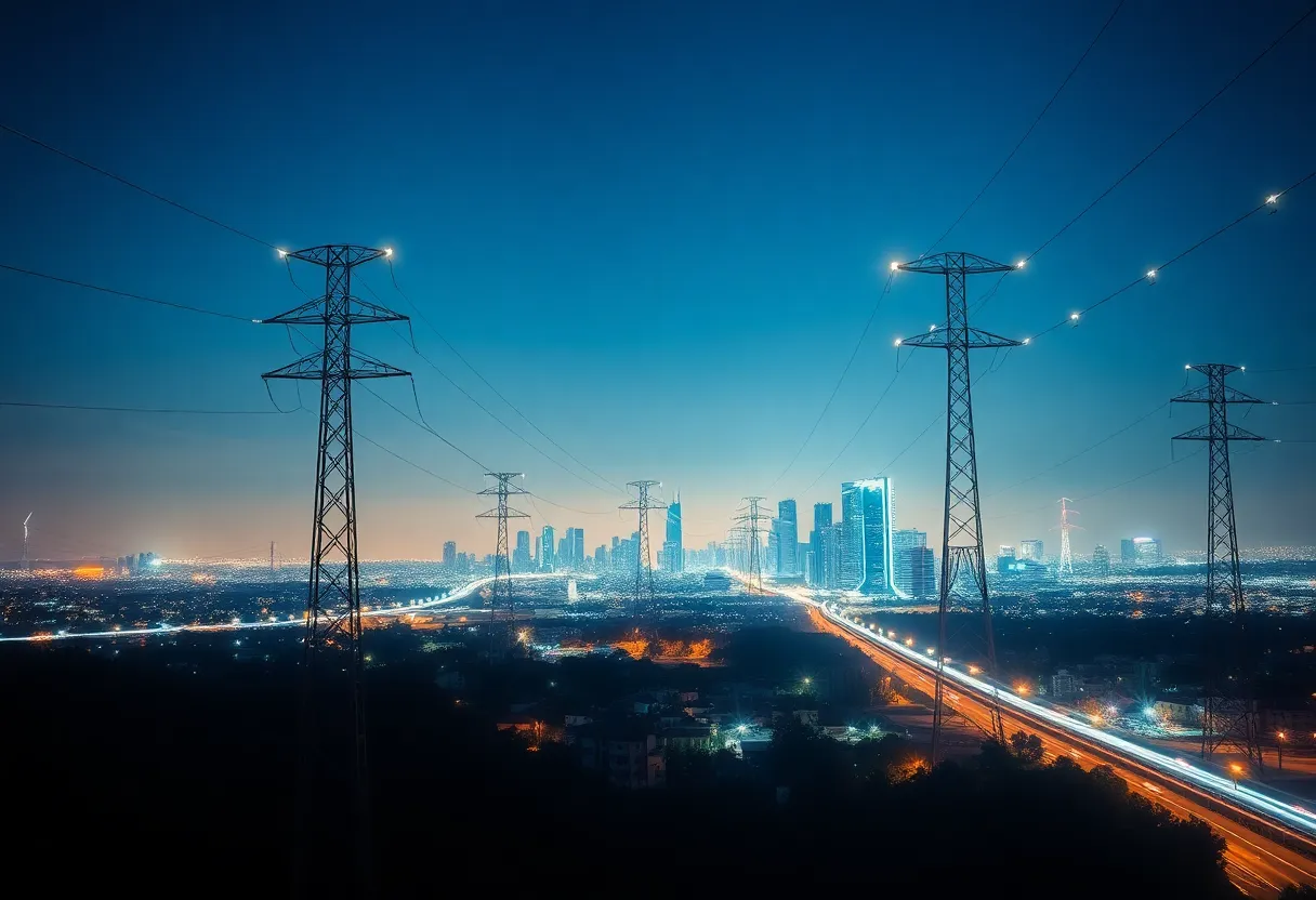 Illustration of clean energy transmission lines in an urban setting