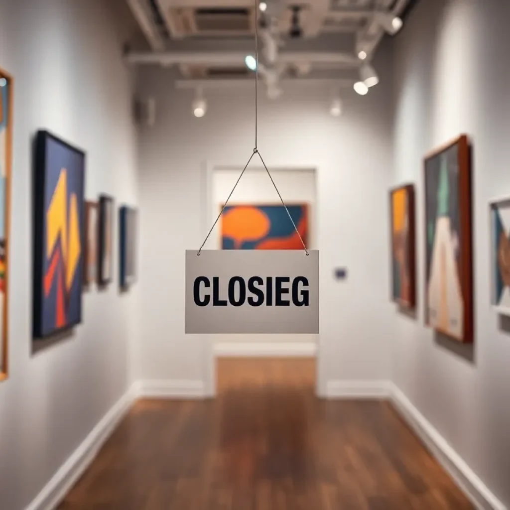 Art gallery closing sign with vibrant artwork