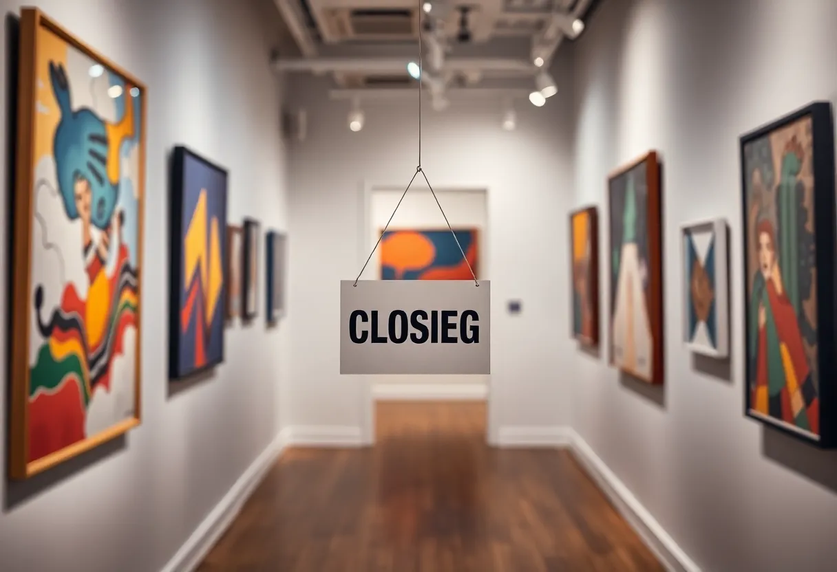 Art gallery closing sign with vibrant artwork