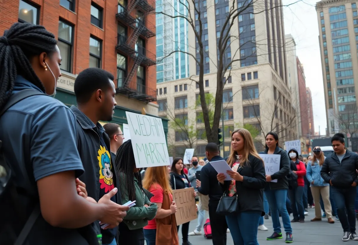 Crowd engaged in community discussions in New York City