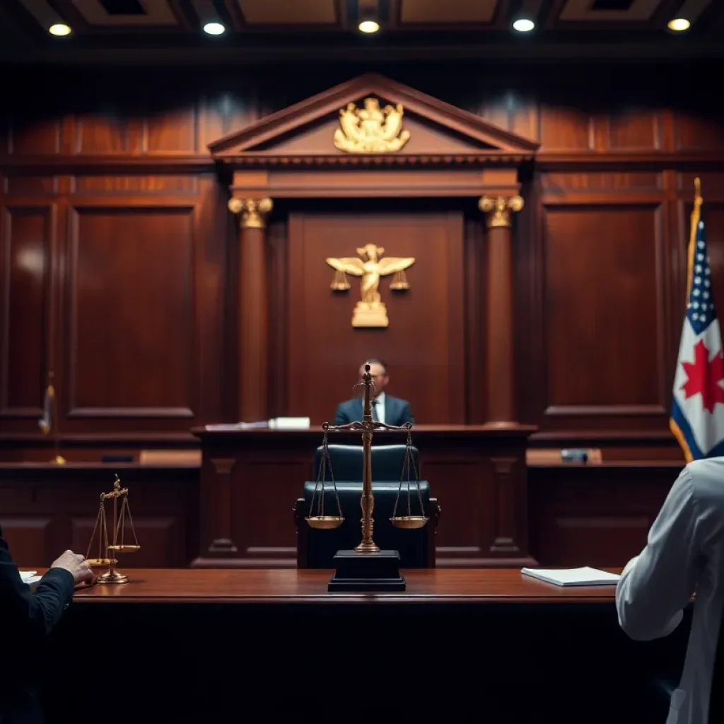 Symbolic courtroom representing Medicaid fraud case
