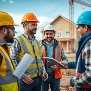 Construction site with builders discussing energy options amidst new home constructions.