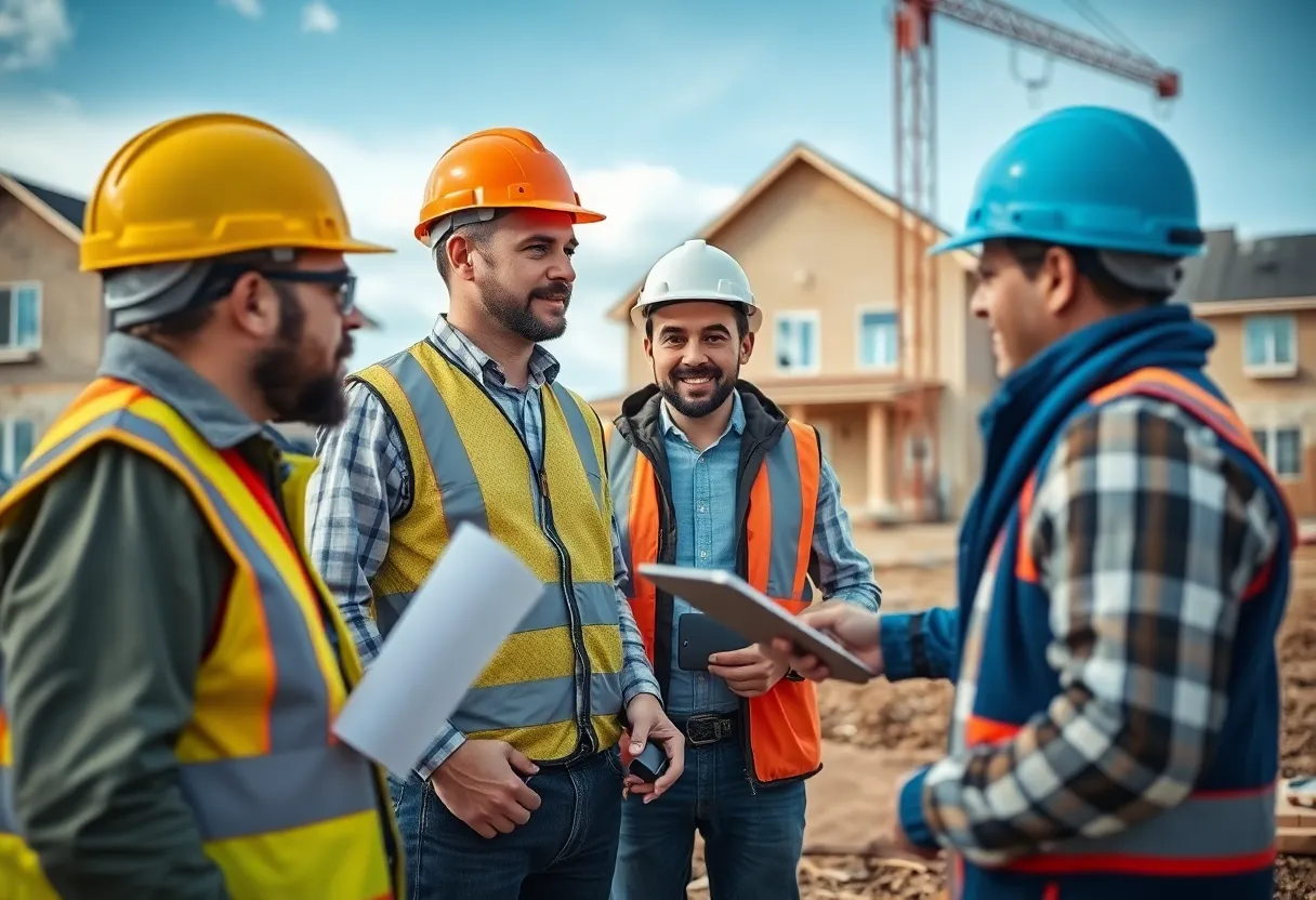 Construction site with builders discussing energy options amidst new home constructions.