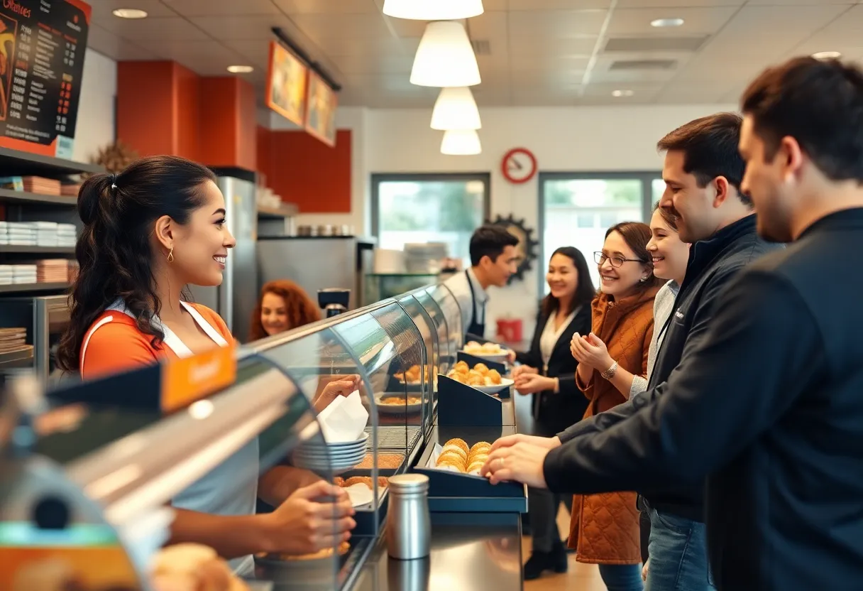 Team of employees in a counter service restaurant working together to serve customers.
