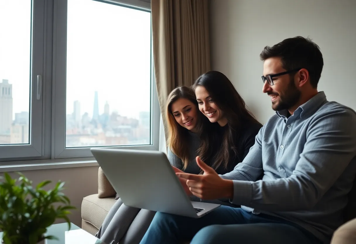 Couple looking at property listings on a laptop in New York