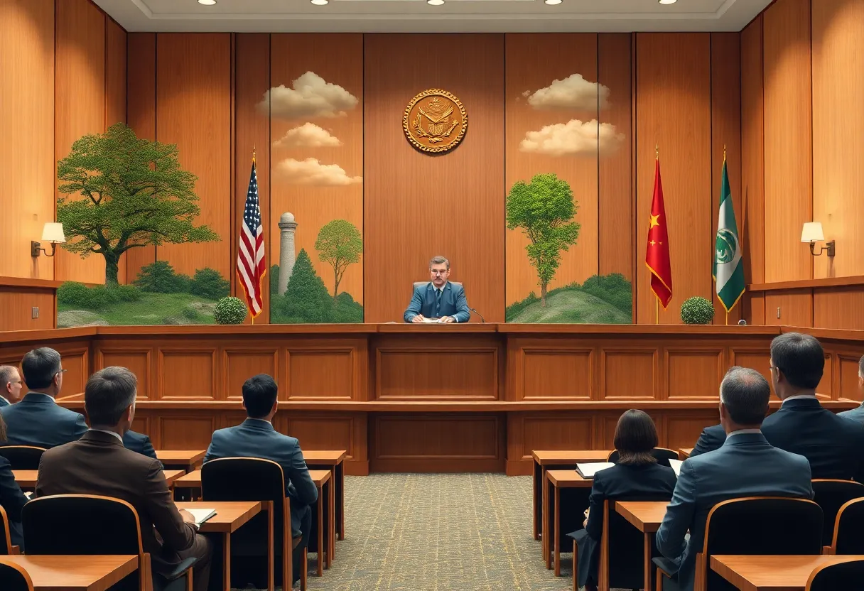 Courtroom scene discussing climate law in New York.