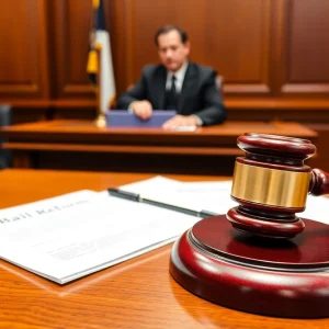 Courtroom setting with a judge's gavel and legal documents related to bail reform.