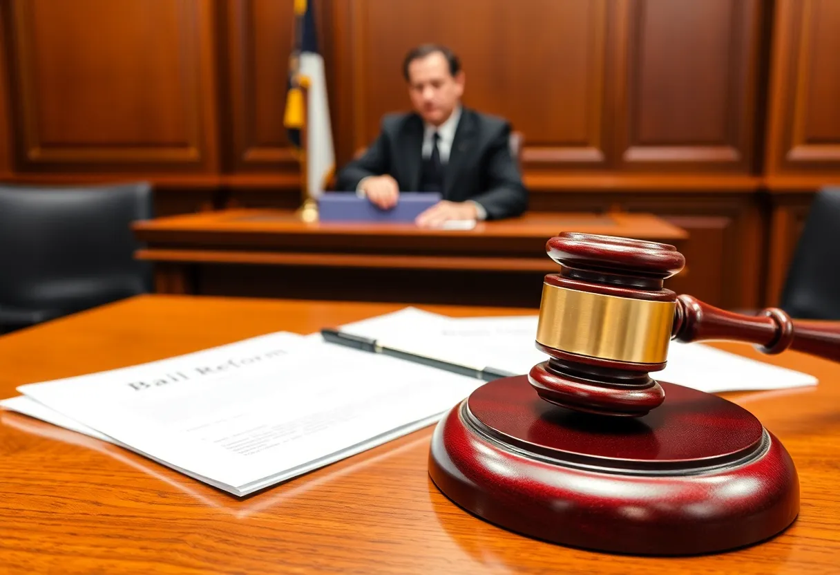 Courtroom setting with a judge's gavel and legal documents related to bail reform.