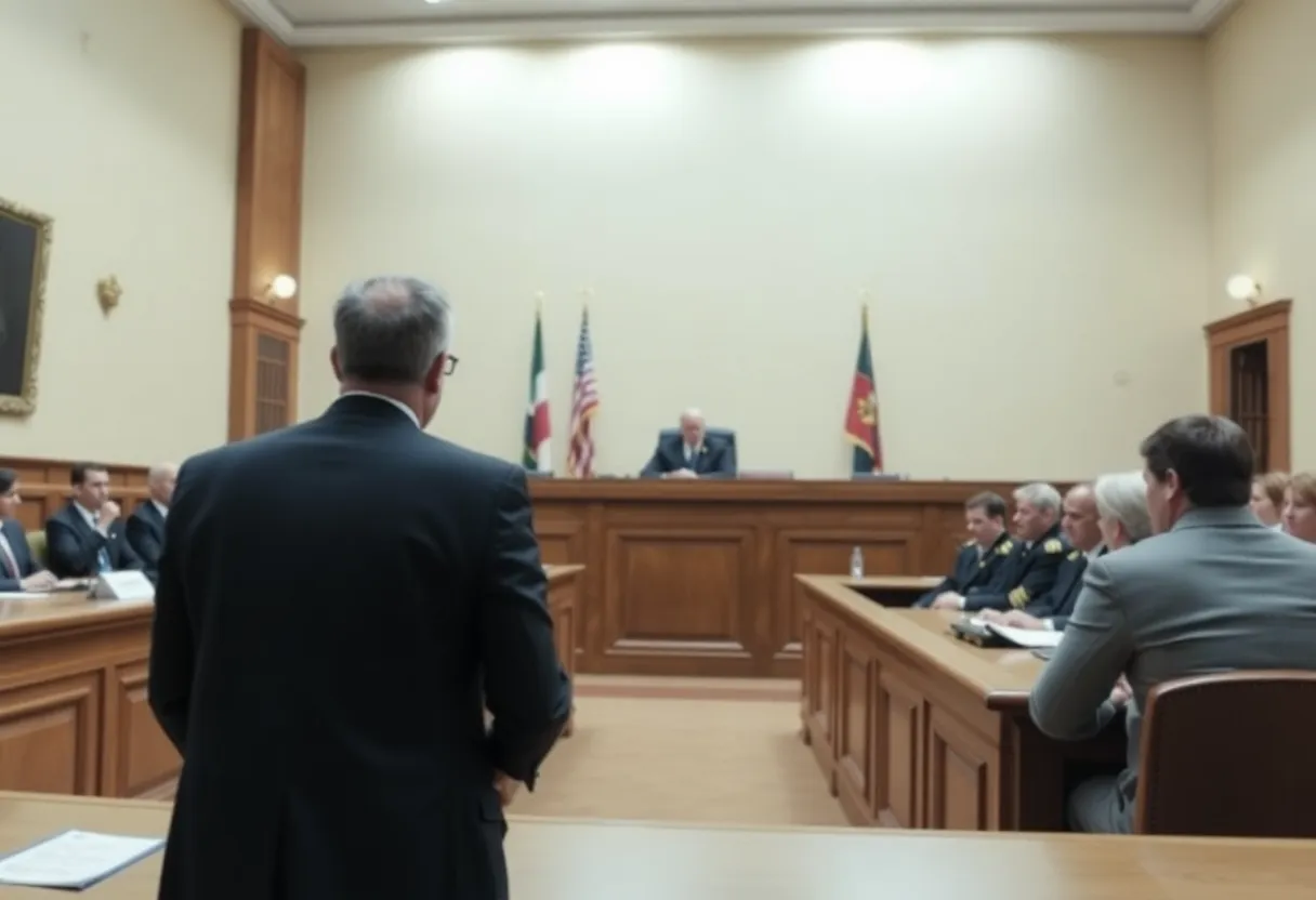 Illustration of a courtroom highlighting a bank fraud case