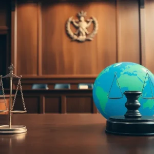 Artwork depicting a courtroom with elements representing climate justice and sustainability.